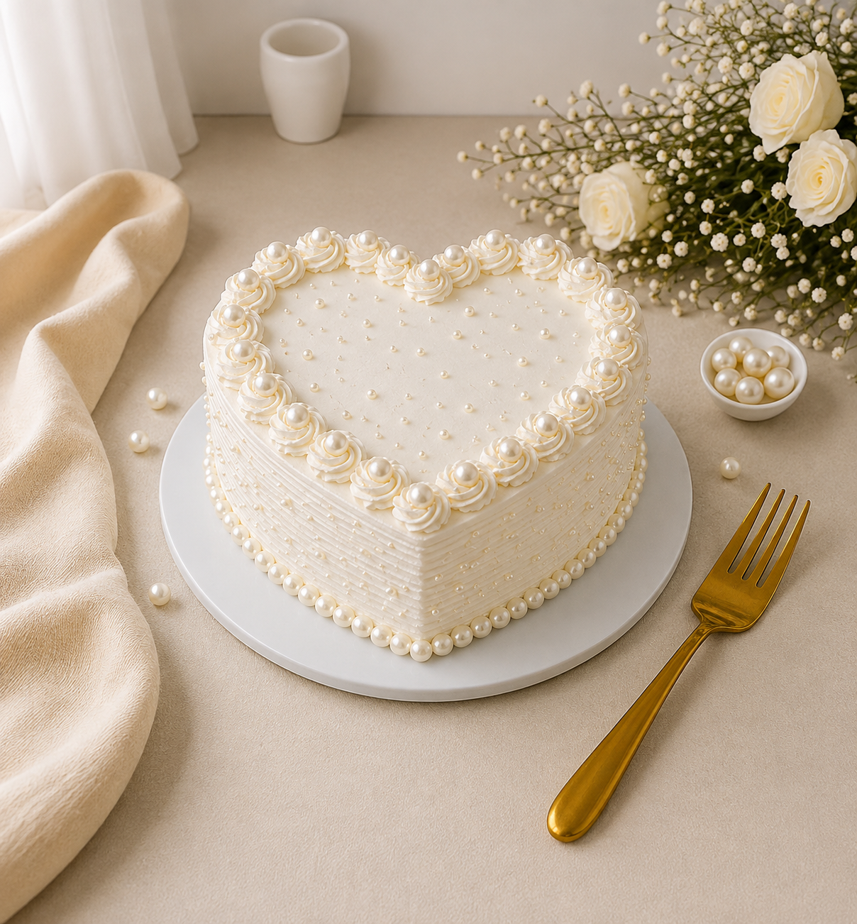 Pearl White Heart Vanilla Cream Cake
