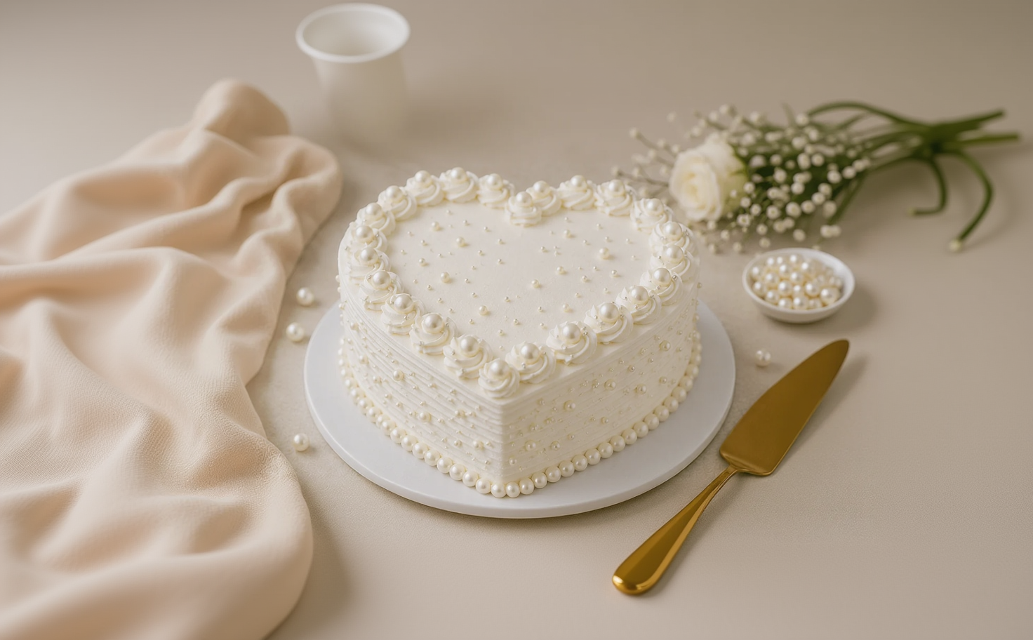 Pearl White Heart Vanilla Cream Cake