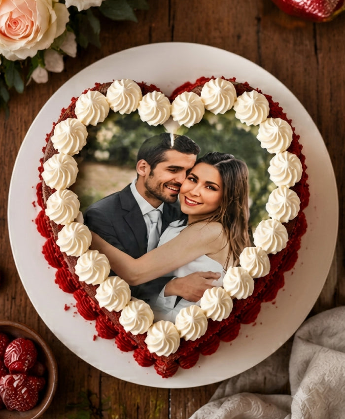 Personalized Heart Shape Red Velvet Photo Cake