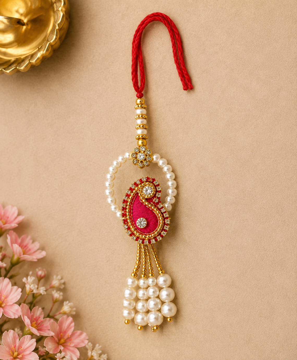 Pink Pearl Paisley Designer Lumba Rakhi