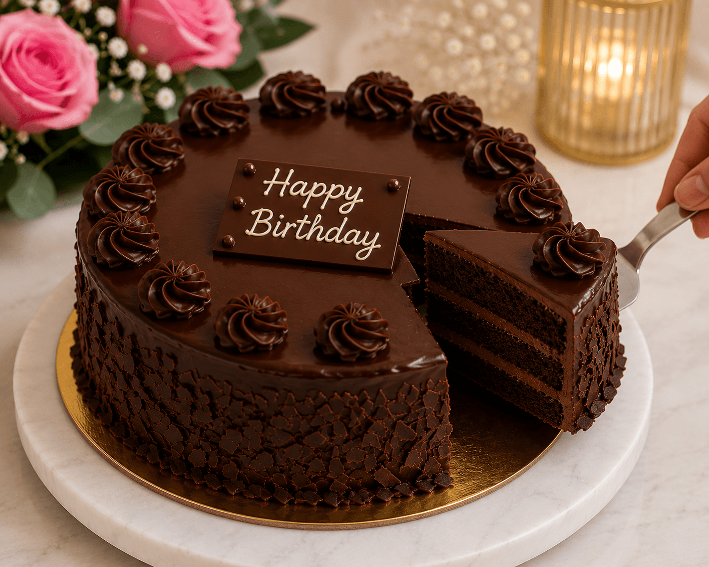 Pink Roses Bouquet with Chocolate Truffle Birthday Cake Combo