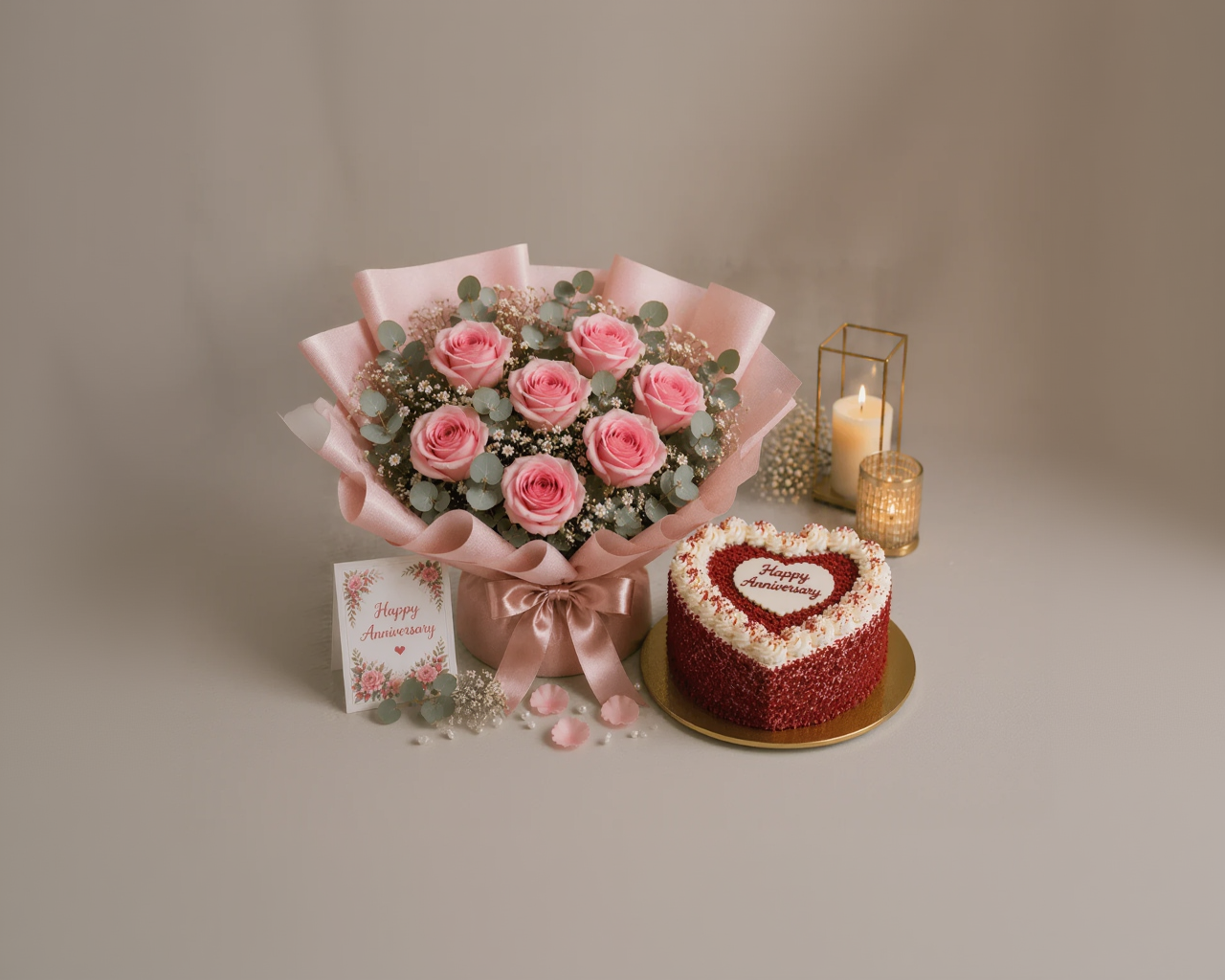 Pink Roses & Red Velvet Heart Anniversary Celebration Combo