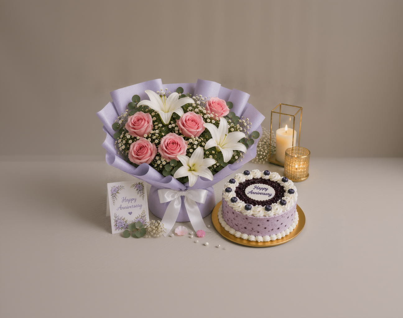 Pink Roses, White Lilies & Blueberry Anniversary Celebration Combo