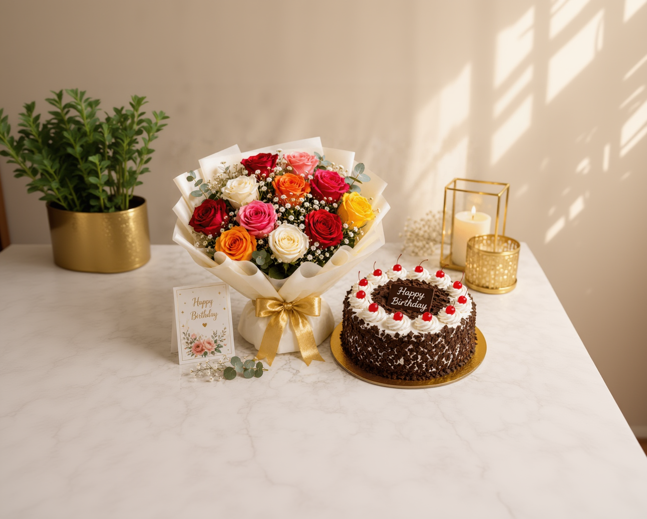 Premium Mixed Roses Bouquet & Black Forest Cake Birthday Combo