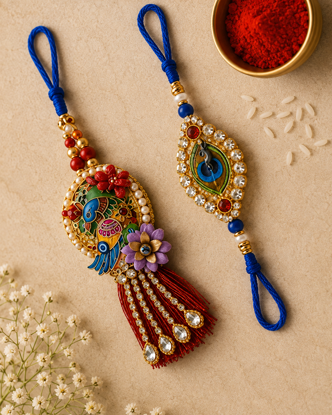 Premium Peacock Designer Rakhi Combo Set