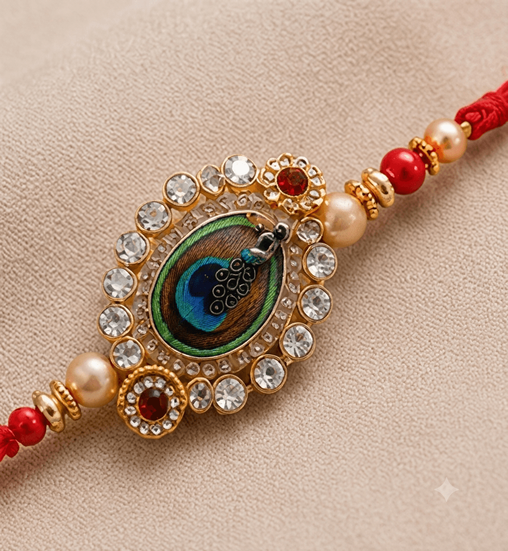 Premium Radha Krishna Peacock Rakhi Set