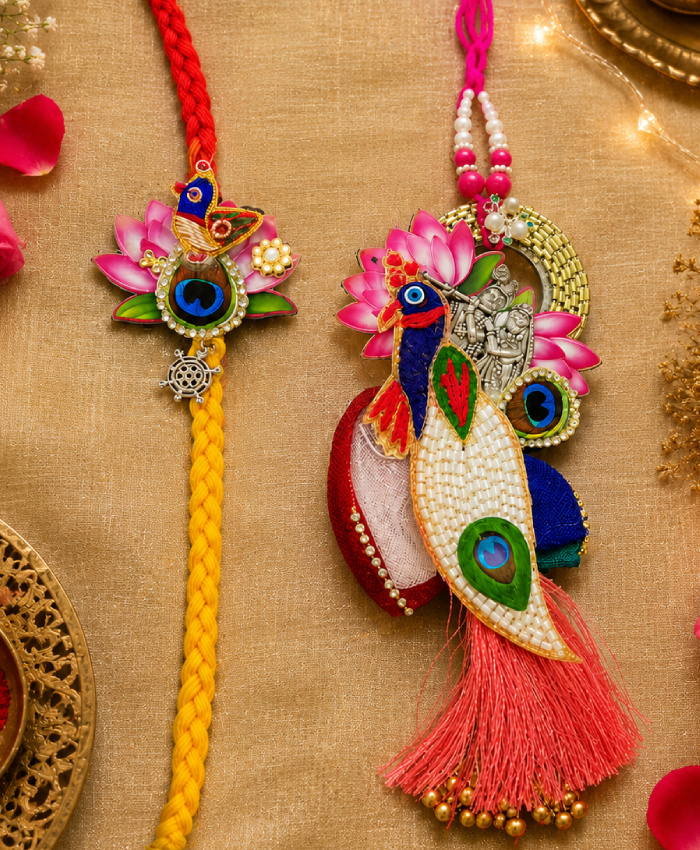 Premium Lotus Peacock Designer Rakhi Combo