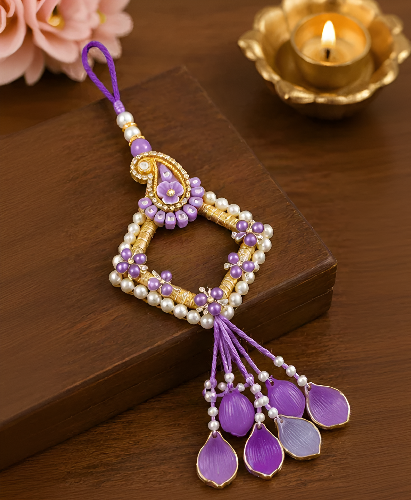 Lavender Pearl Paisley Designer Lumba Rakhi