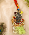Premium Radha Krishna Designer Lumba Rakhi with Green Tassel