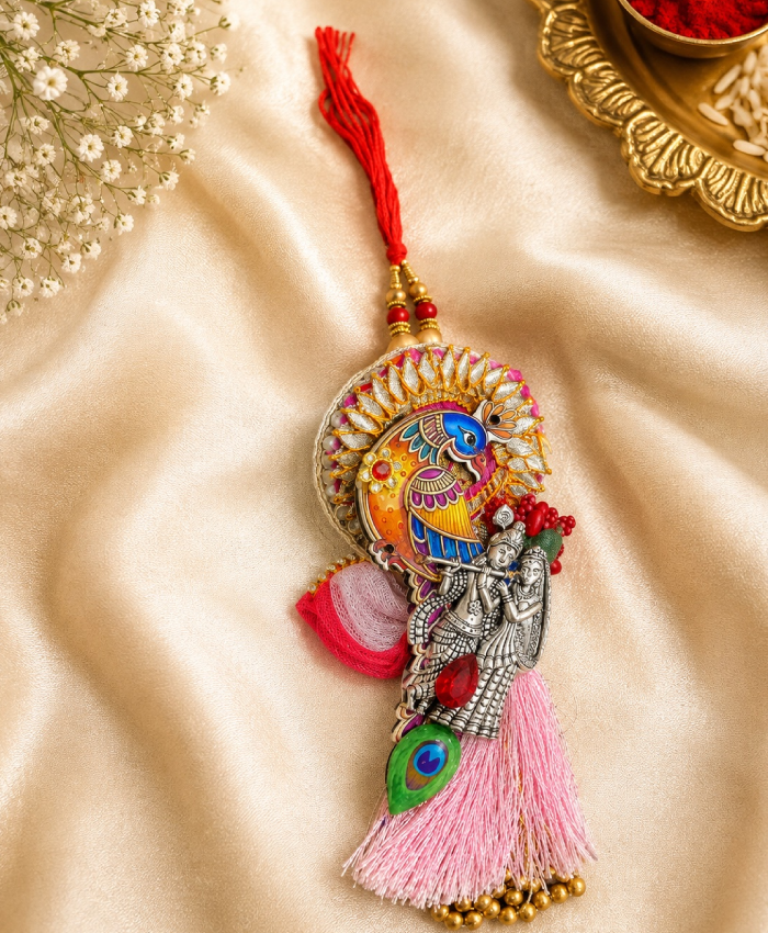 Premium Radha Krishna Peacock Rakhi Set
