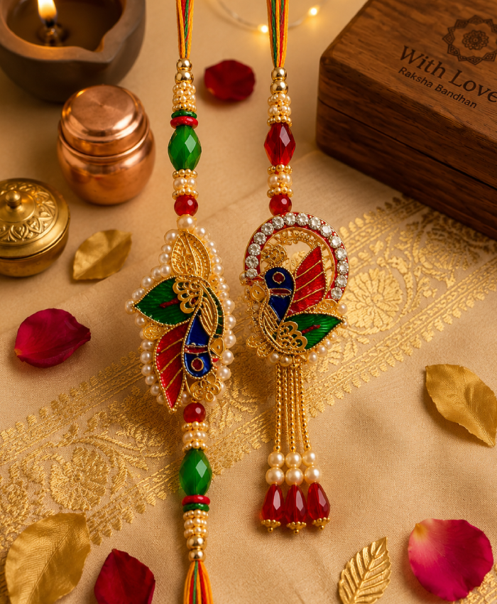 Mayur Milan Peacock Rakhi Set