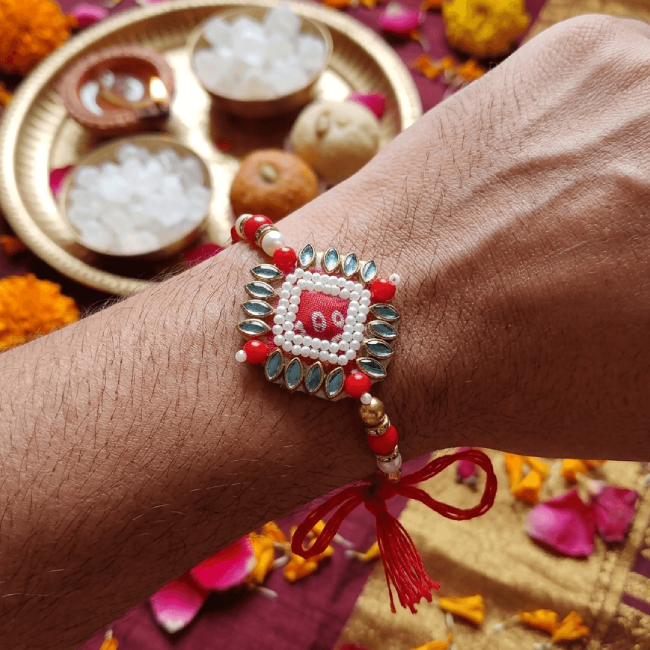 Red Meenakari Pearl Designer Rakhi