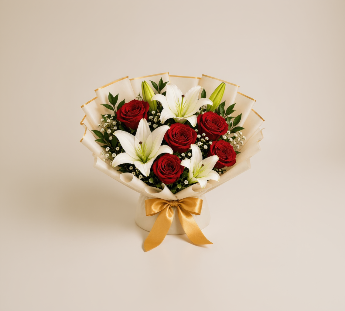 Red Roses, White Lilies & Black Forest Anniversary Celebration Combo