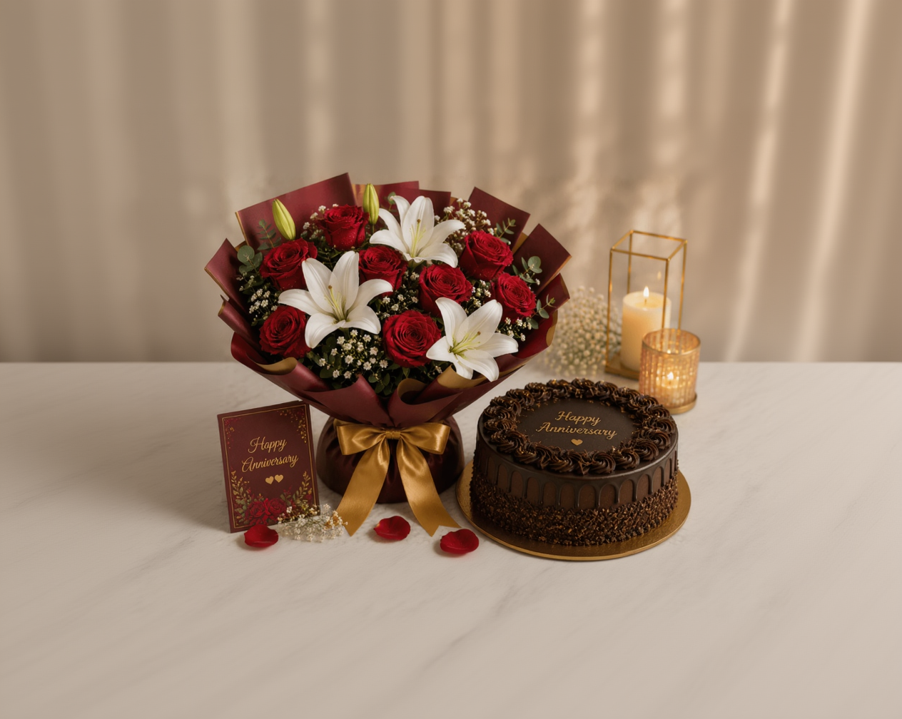 Red Roses & White Lilies Bouquet with Chocolate Truffle Cake
