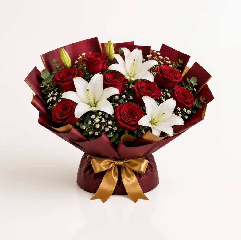 Red Roses & White Lilies Bouquet with Chocolate Truffle Cake