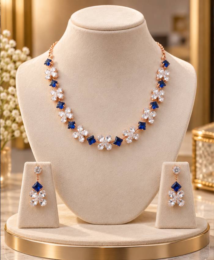 Rose Gold Blue Floral Crystal Necklace & Earrings Set