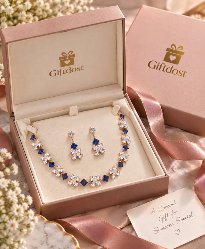 Rose Gold Blue Floral Crystal Necklace & Earrings Set