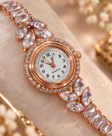 Rose Gold Crystal Bracelet Watch for Women – Elegant Rhinestone & Floral Leaf Design
