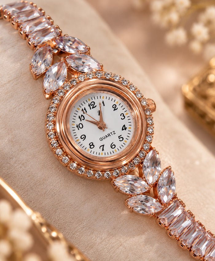 Rose Gold Crystal Bracelet Watch for Women – Elegant Rhinestone & Floral Leaf Design