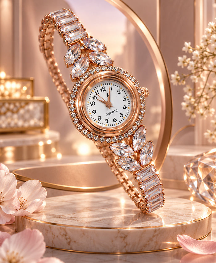 Rose Gold Crystal Bracelet Watch for Women – Elegant Rhinestone & Floral Leaf Design