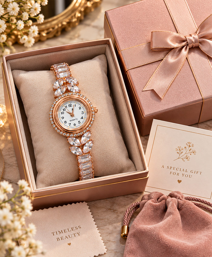 Rose Gold Crystal Bracelet Watch for Women – Elegant Rhinestone & Floral Leaf Design