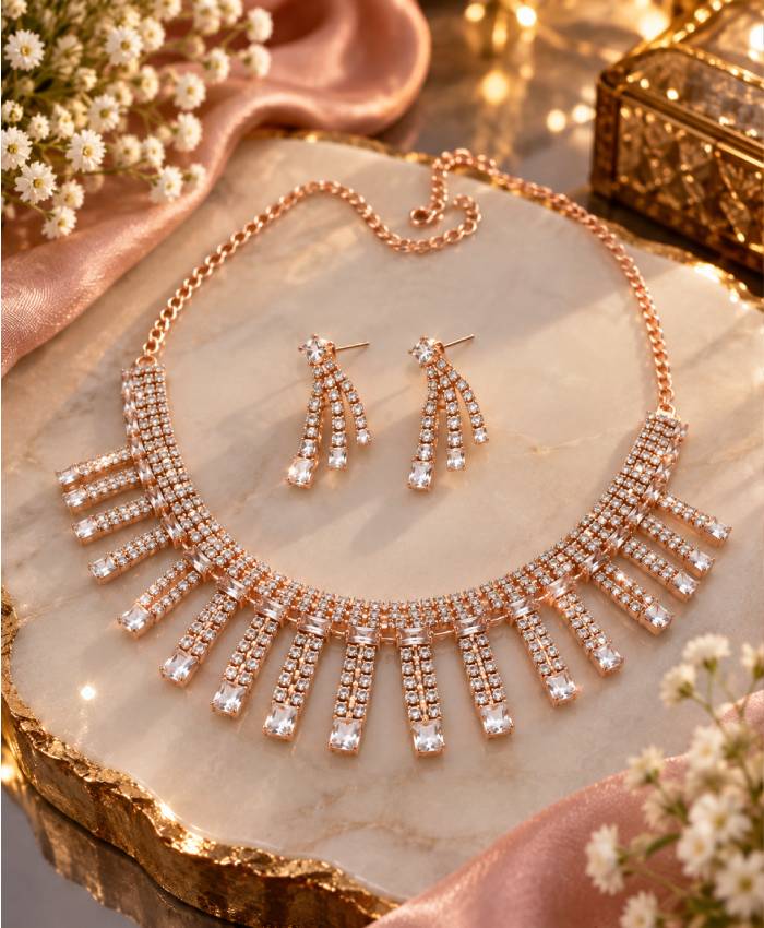 Rose Gold Crystal Fringe Necklace & Earrings Set