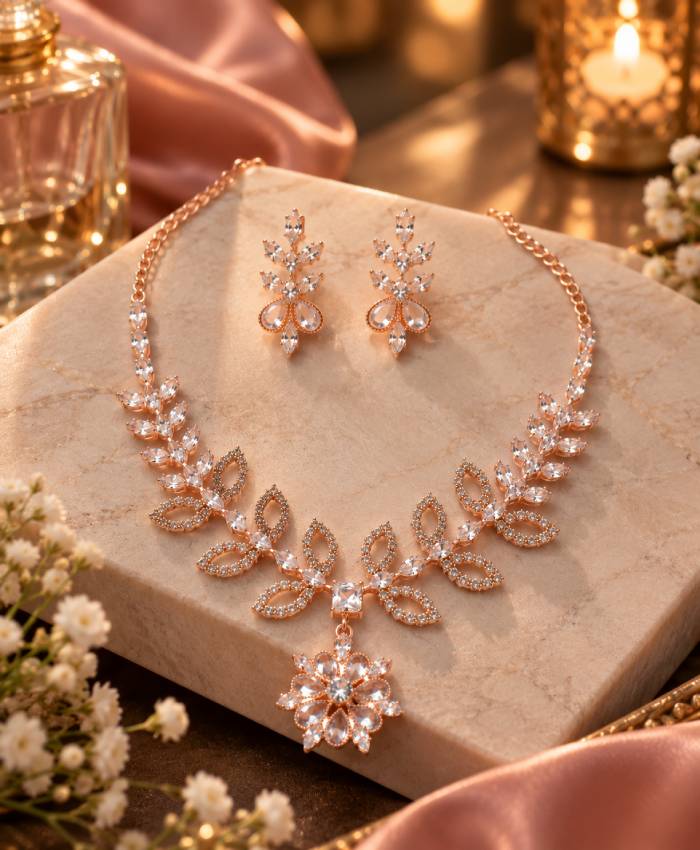 Rose Gold Floral Crystal Necklace & Earrings Set – Elegant Leaf & Bloom Statement Jewellery