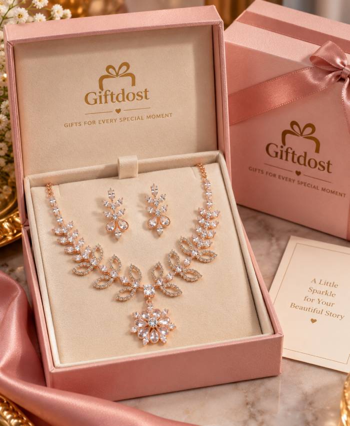 Rose Gold Floral Crystal Necklace & Earrings Set – Elegant Leaf & Bloom Statement Jewellery