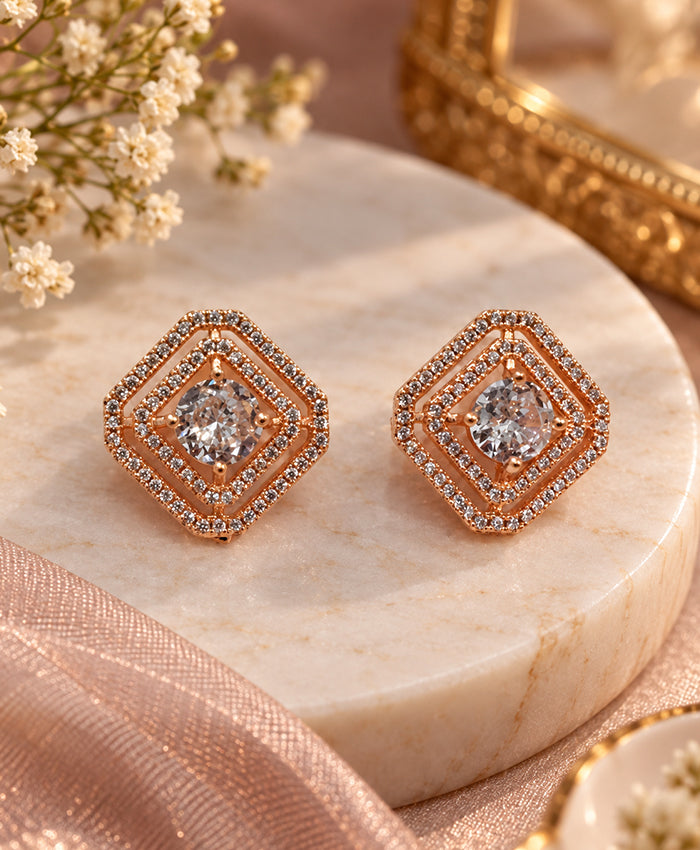 Rose-Gold Geometric Pavé Stud Earrings