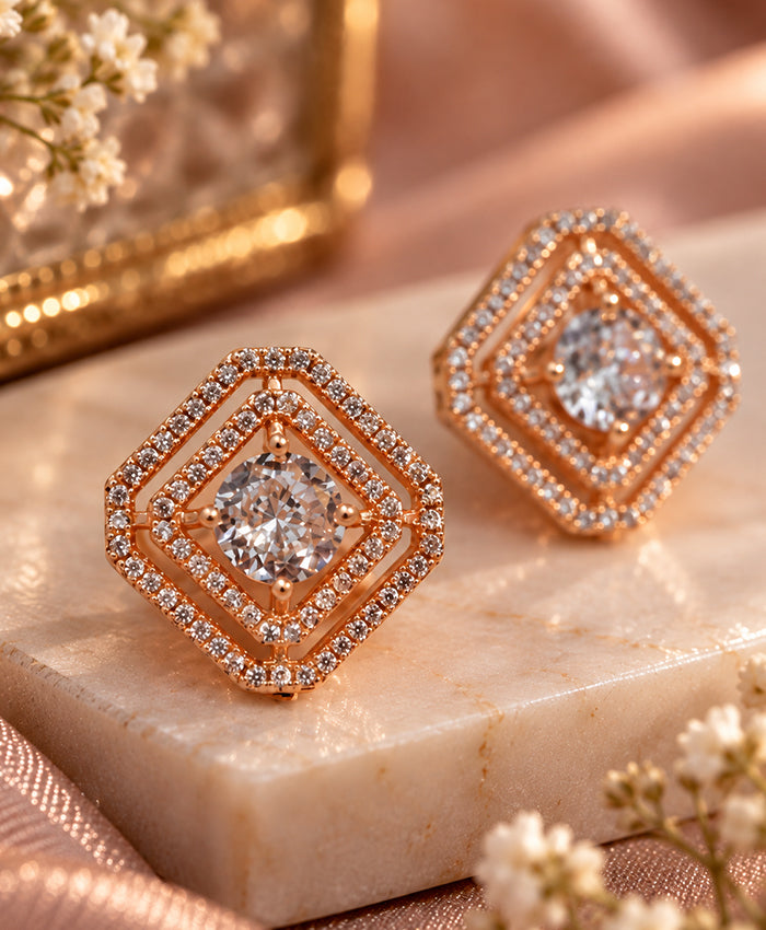Rose-Gold Geometric Pavé Stud Earrings