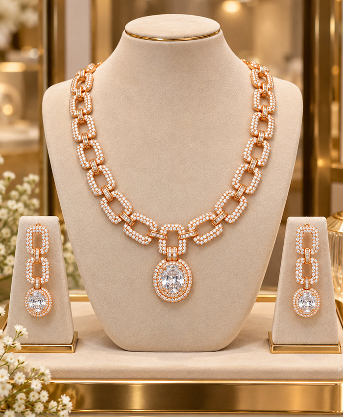 Rose Gold Pavé Link Necklace Set with Oval Halo Pendant