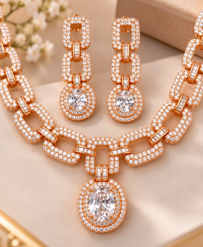 Rose Gold Pavé Link Necklace Set with Oval Halo Pendant
