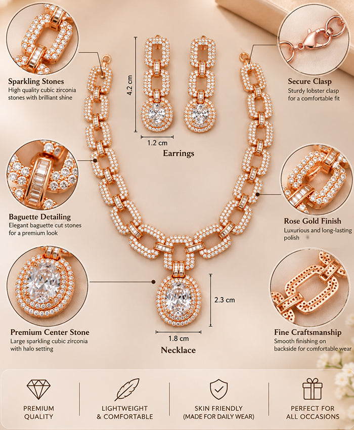 Rose Gold Pavé Link Necklace Set with Oval Halo Pendant