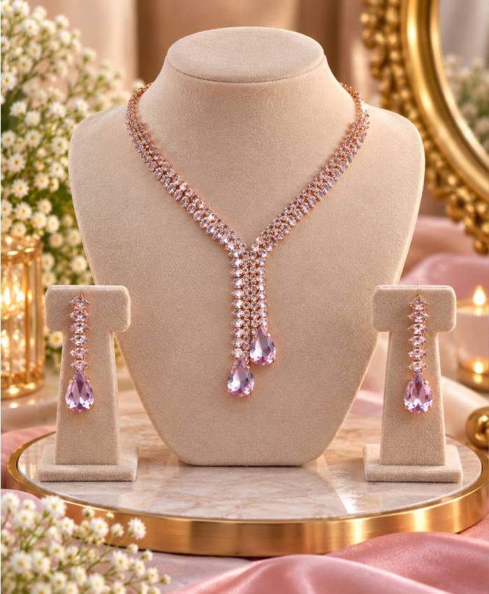 Rose-Gold Pink Crystal Teardrop Necklace & Earrings Jewellery Set