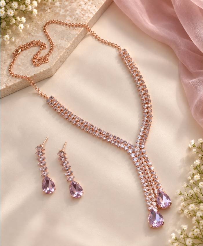 Rose-Gold Pink Crystal Teardrop Necklace & Earrings Jewellery Set
