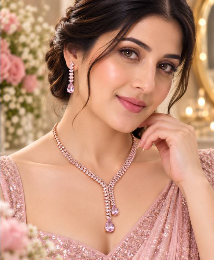 Rose-Gold Pink Crystal Teardrop Necklace & Earrings Jewellery Set