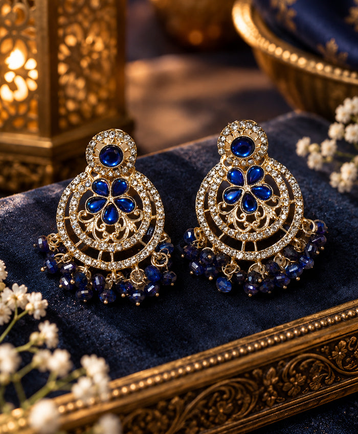 Royal Blue Floral Crystal Chandelier Earrings with Beaded Fringe