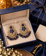 Royal Blue Floral Crystal Chandelier Earrings with Beaded Fringe