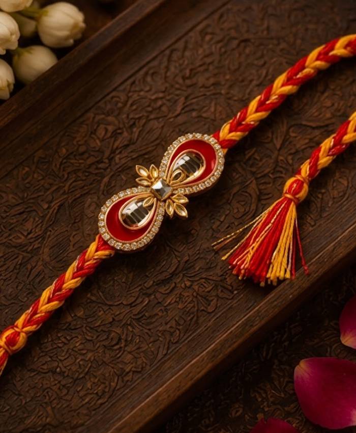Royal Red & Yellow Braided Kundan Rakhi