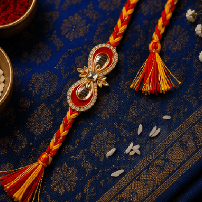 Royal Red & Yellow Braided Kundan Rakhi