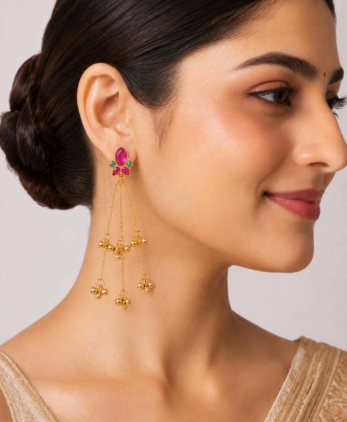 Ruby Bloom Long Chain Drop Earrings