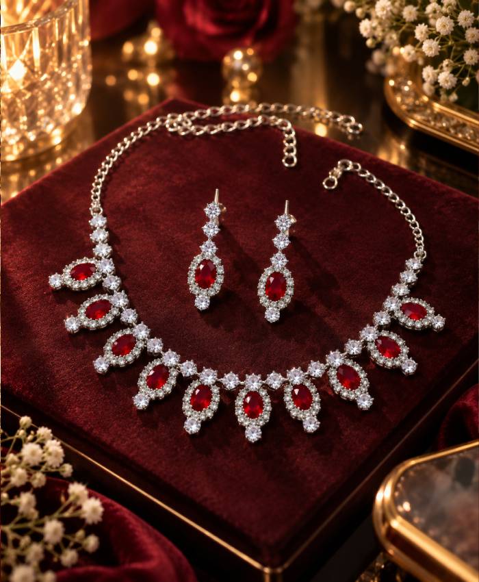 Ruby Red Crystal Necklace & Earrings Set