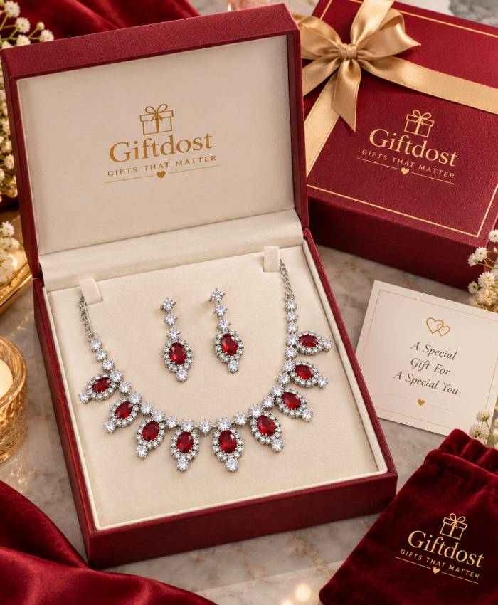 Ruby Red Crystal Necklace & Earrings Set