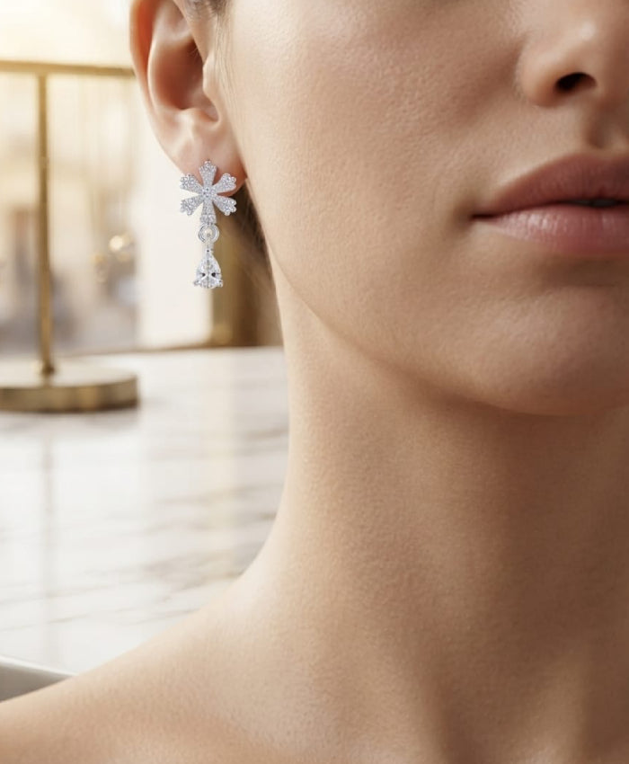 Silver Snowflake Crystal Drop Earrings