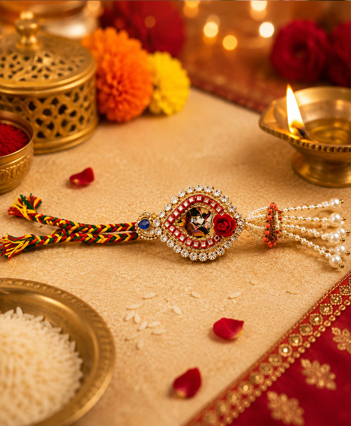 Radha Krishna Pearl Designer Lumba Rakhi