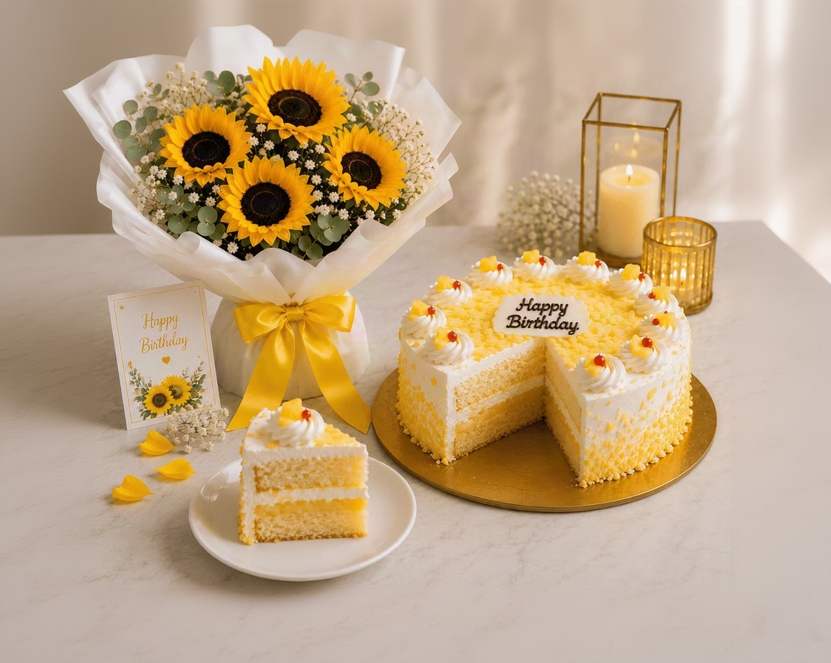 Cheerful Sunflowers & Pineapple Birthday Cake Combo