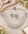 Elegant Three-Strand Pearl Necklace & Crystal Halo Earrings Set