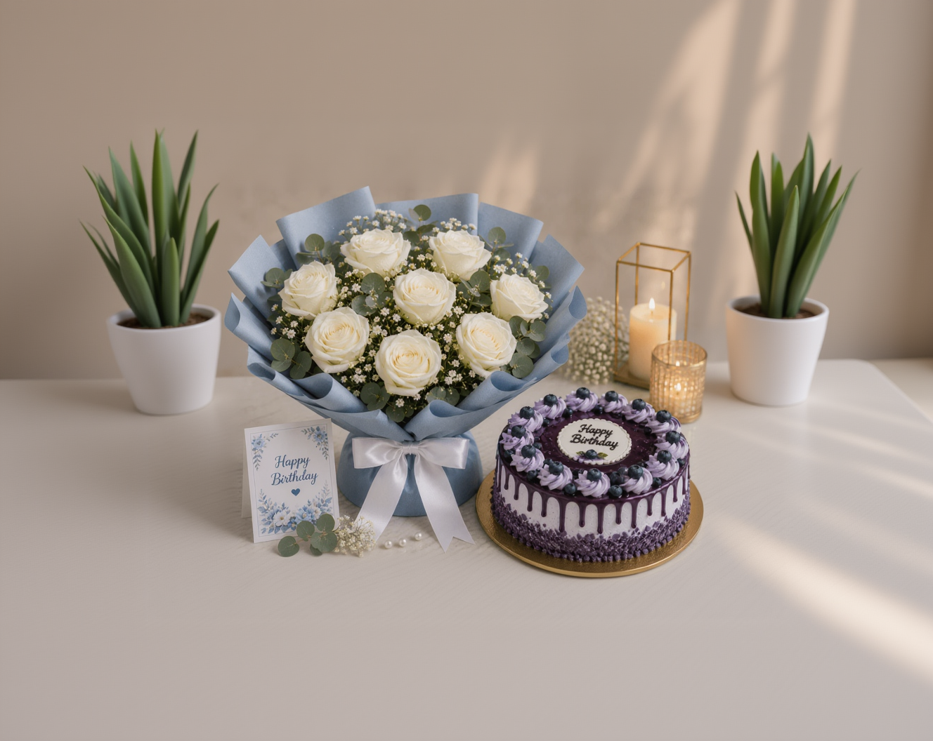 White Roses & Blueberry Bliss Cake Combo