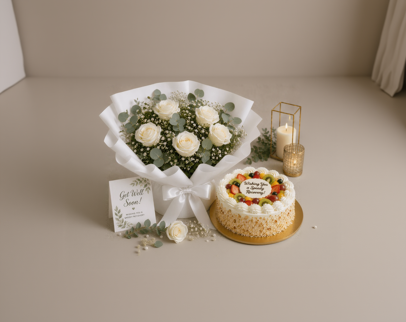 White Roses & Fresh Fruit Get Well Soon Combo