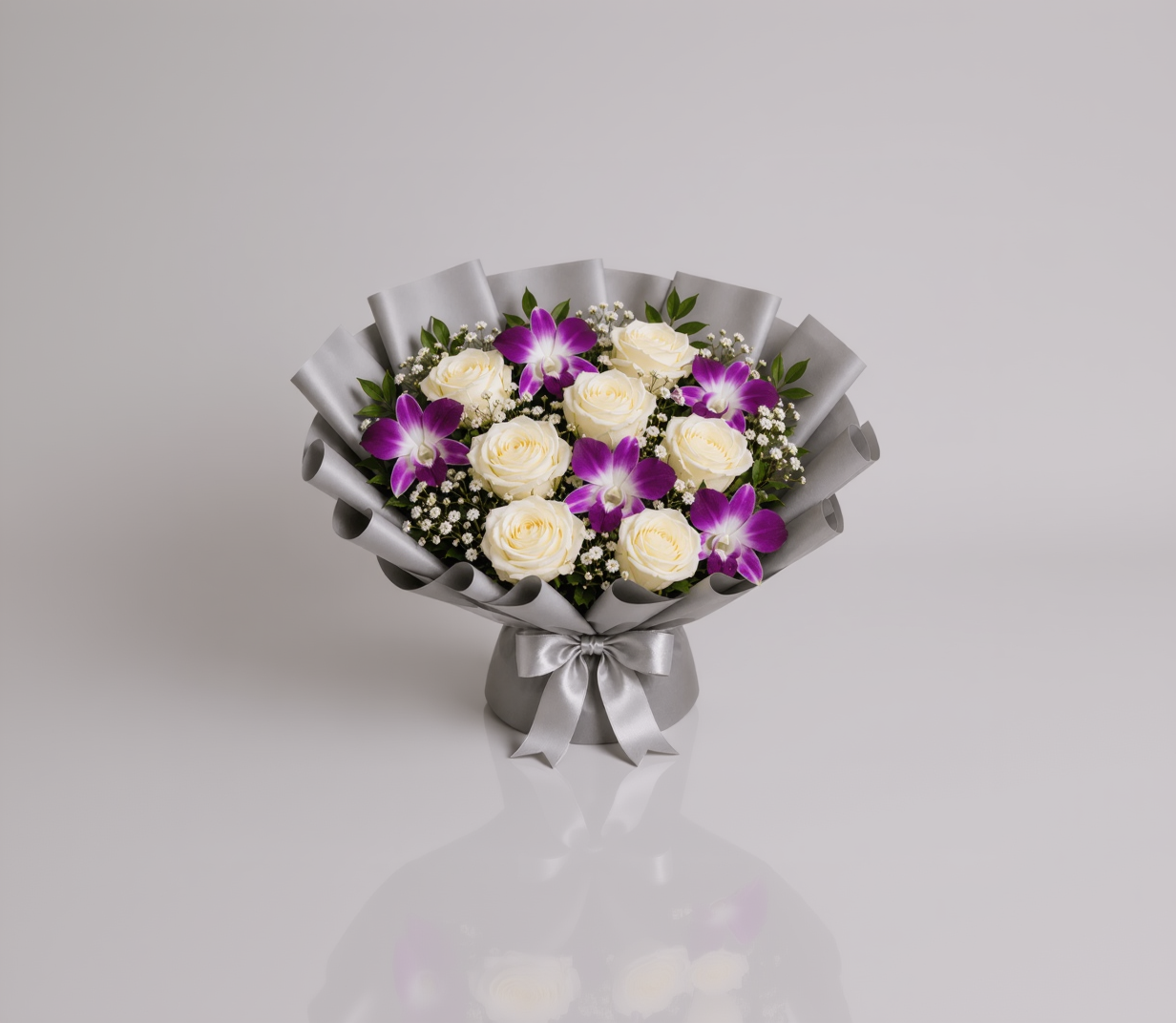 White Roses, Purple Orchids & White Forest Anniversary Celebration Combo